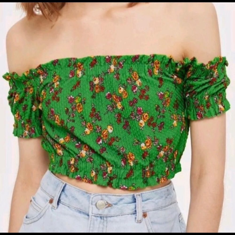 TopShop Green Floral Off Shoulder Top Sz 2